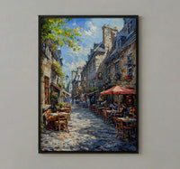 Montreal Old Port Art Print, Historic Canada Travel Decor - Stone Building Summer Cafe View