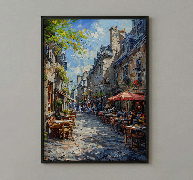 Montreal Old Port Art Print, Historic Canada Travel Decor - Stone Building Summer Cafe View