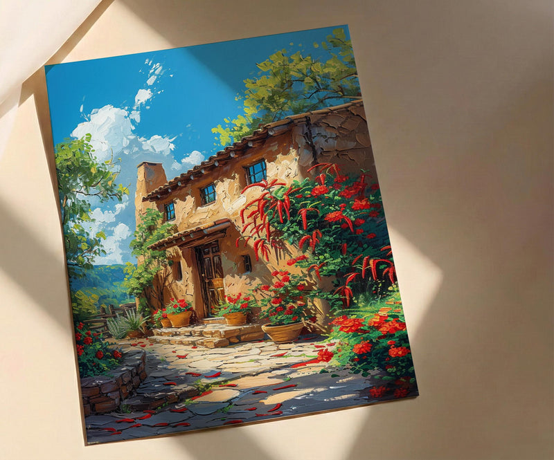 Santa Fe Adobe House Poster, New Mexico Travel Decor - Red Chili Bright Summer