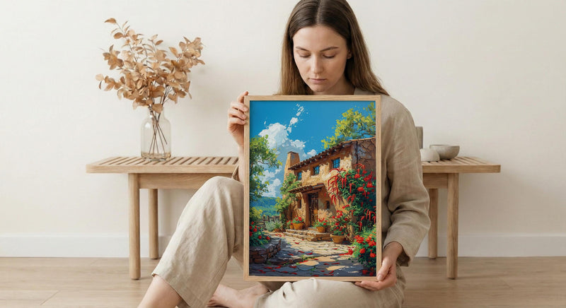 Santa Fe Adobe House Poster, New Mexico Travel Decor - Red Chili Bright Summer