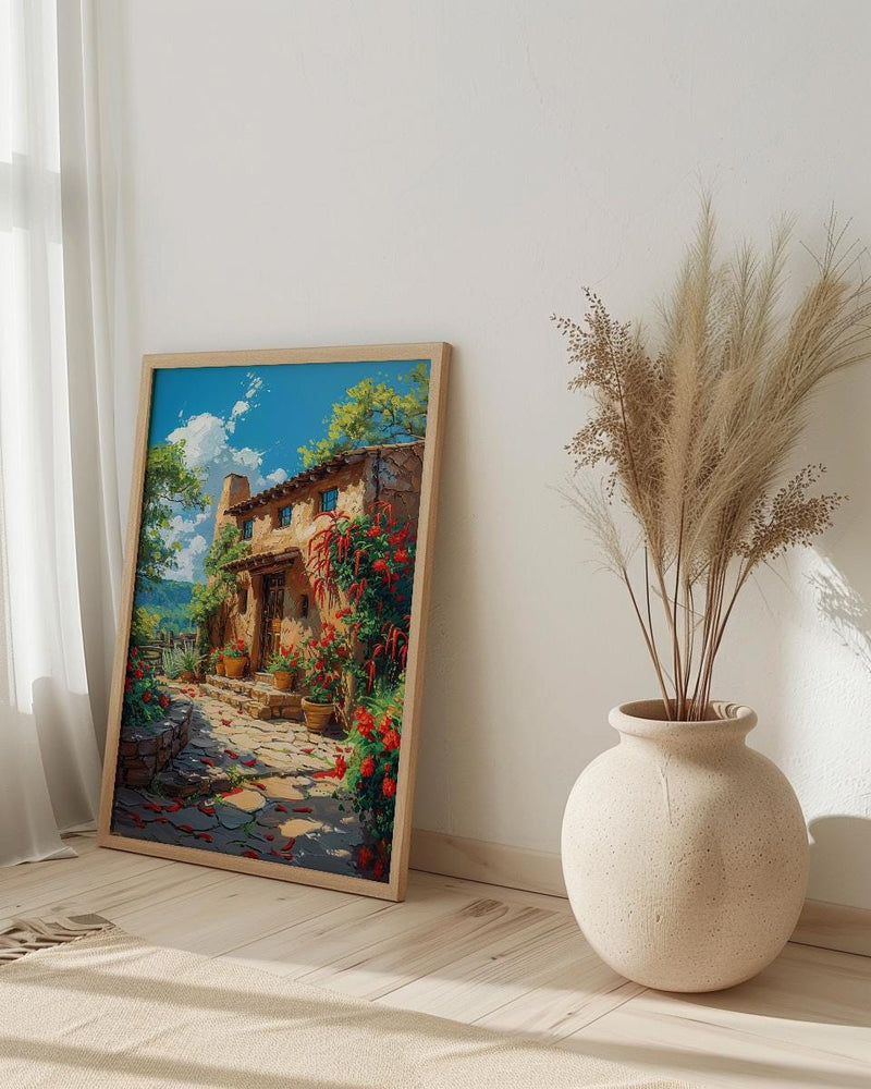 Santa Fe Adobe House Poster, New Mexico Travel Decor - Red Chili Bright Summer
