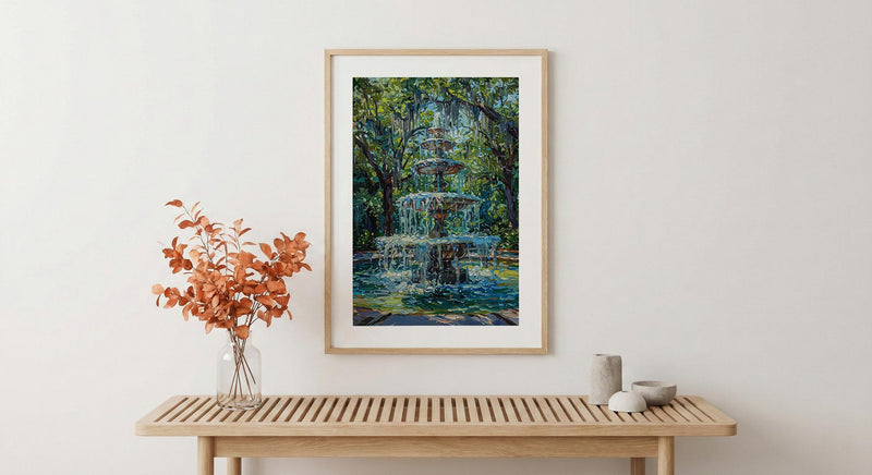 Savannah Forsyth Park Art Print, Southern Charm City Decor - White Fountain Summer Greenery