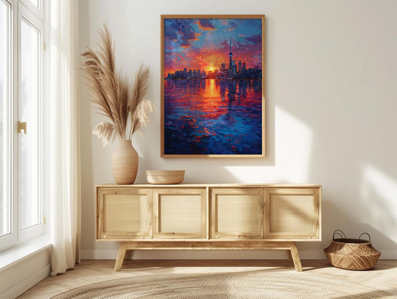 Toronto Skyline Sunset Wall Art, Canada Cityscape Home Decor - Calm Lake Water Reflection