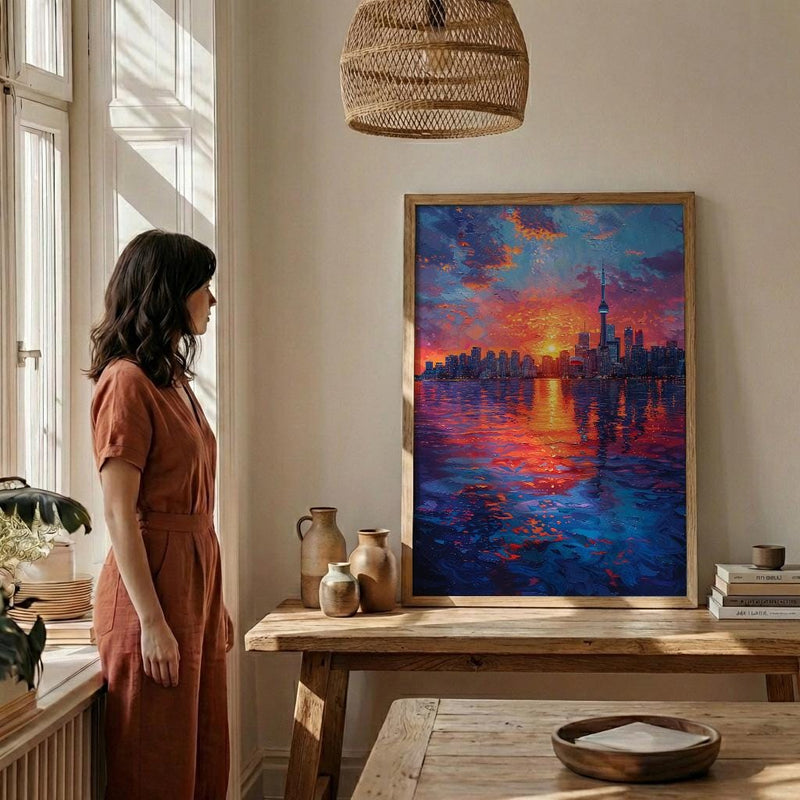 Toronto Skyline Sunset Wall Art, Canada Cityscape Home Decor - Calm Lake Water Reflection
