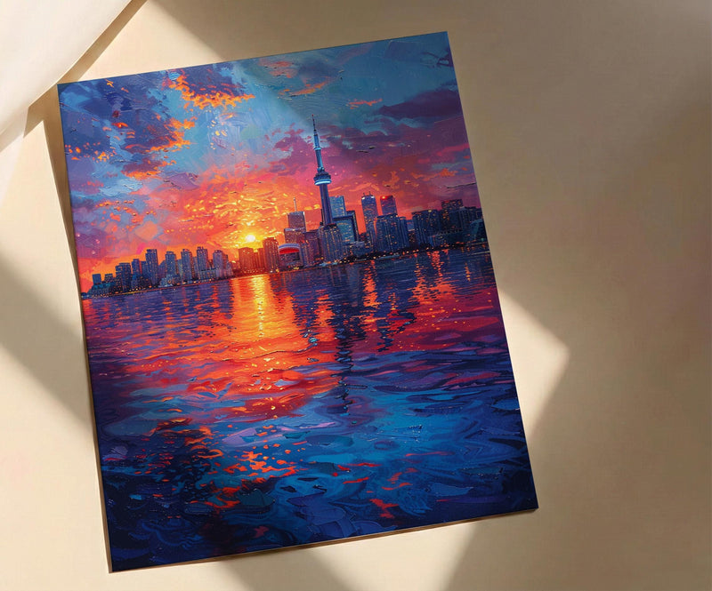 Toronto Skyline Sunset Wall Art, Canada Cityscape Home Decor - Calm Lake Water Reflection