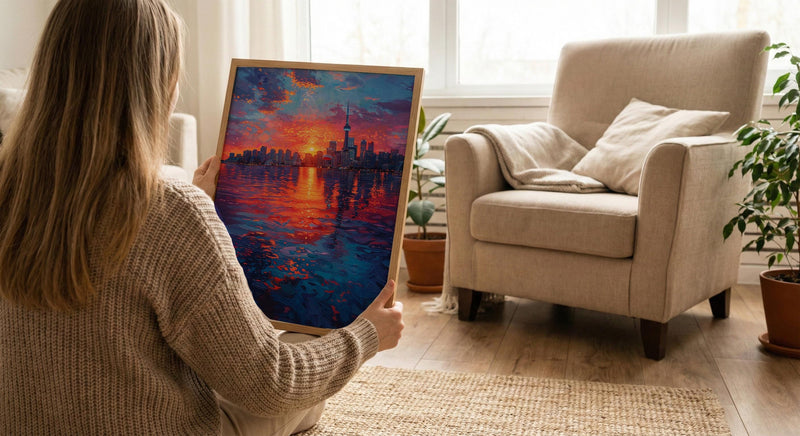 Toronto Skyline Sunset Wall Art, Canada Cityscape Home Decor - Calm Lake Water Reflection