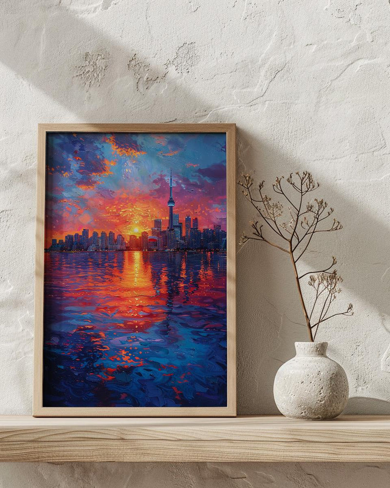 Toronto Skyline Sunset Wall Art, Canada Cityscape Home Decor - Calm Lake Water Reflection
