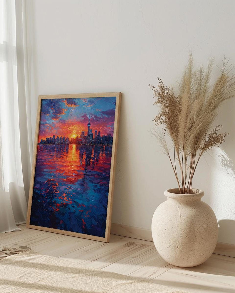 Toronto Skyline Sunset Wall Art, Canada Cityscape Home Decor - Calm Lake Water Reflection