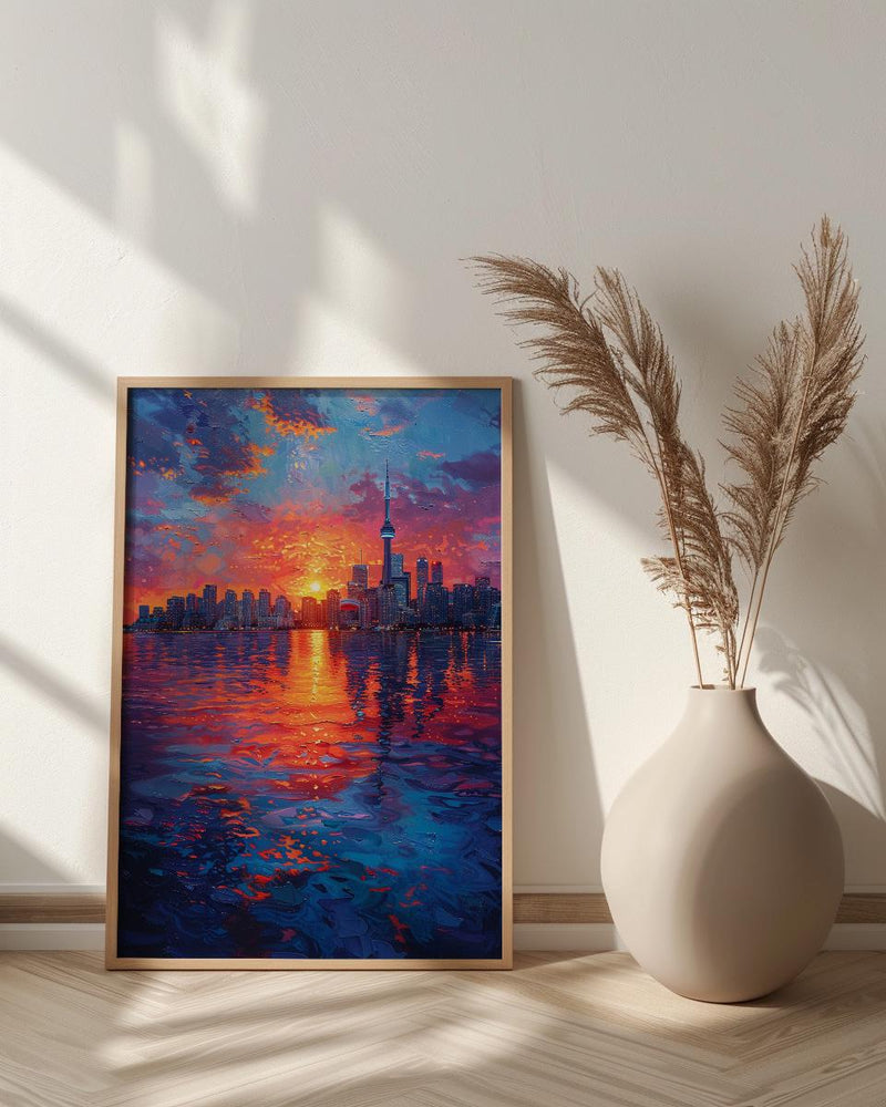 Toronto Skyline Sunset Wall Art, Canada Cityscape Home Decor - Calm Lake Water Reflection