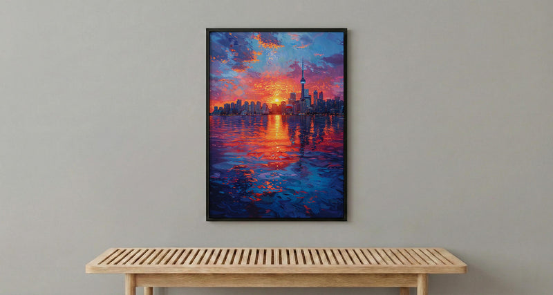 Toronto Skyline Sunset Wall Art, Canada Cityscape Home Decor - Calm Lake Water Reflection