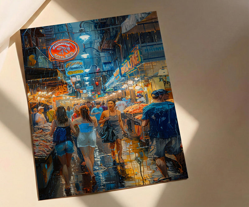 Seattle Pike Place Market Poster, Washington City Travel Decor - Glowing Neon Summer Sign