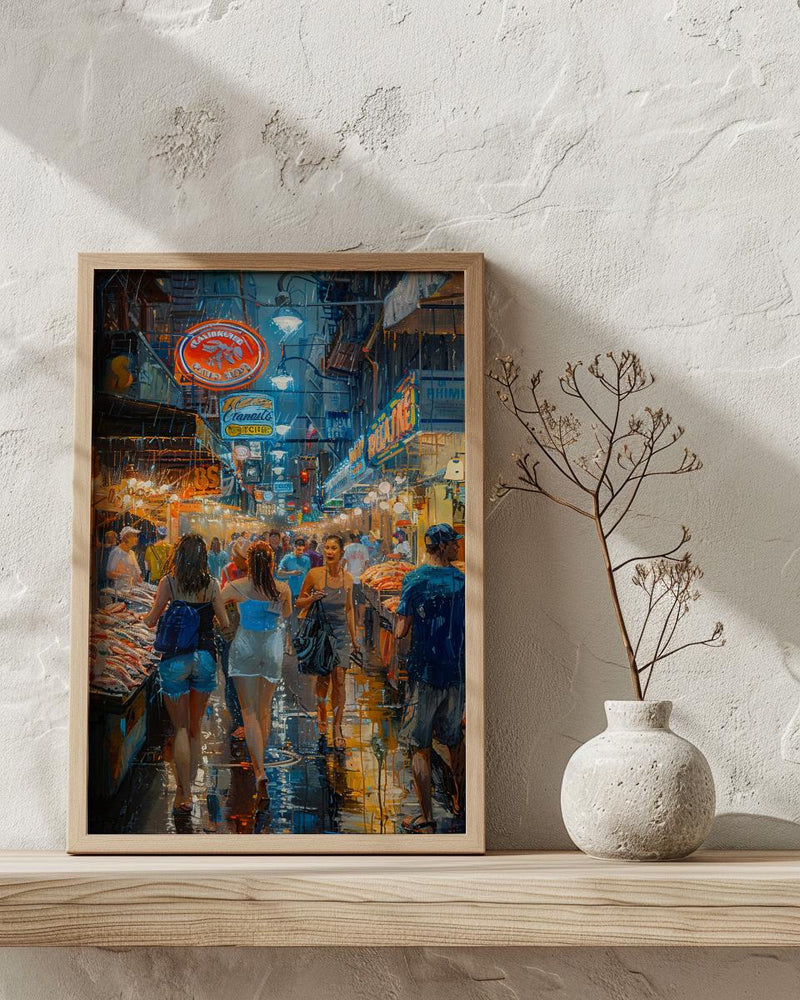 Seattle Pike Place Market Poster, Washington City Travel Decor - Glowing Neon Summer Sign