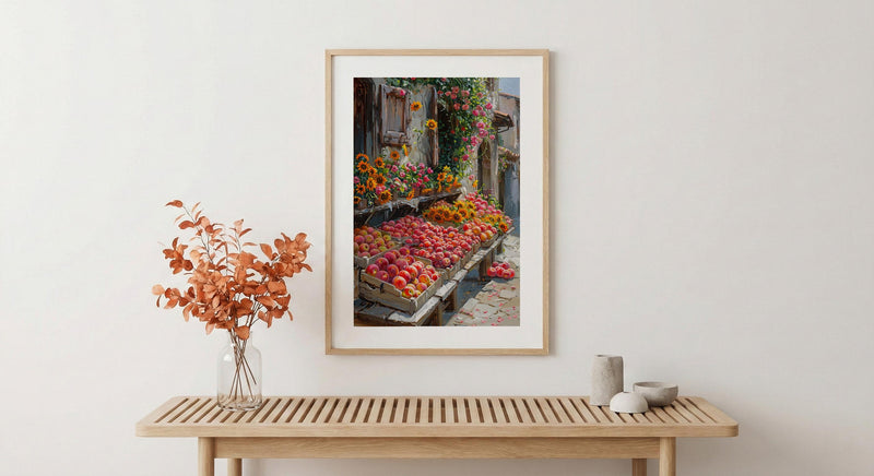 California Farmers Market Art Print, Fresh Summer Fruit Decor - Colorful Strawberry Sunflower Stand