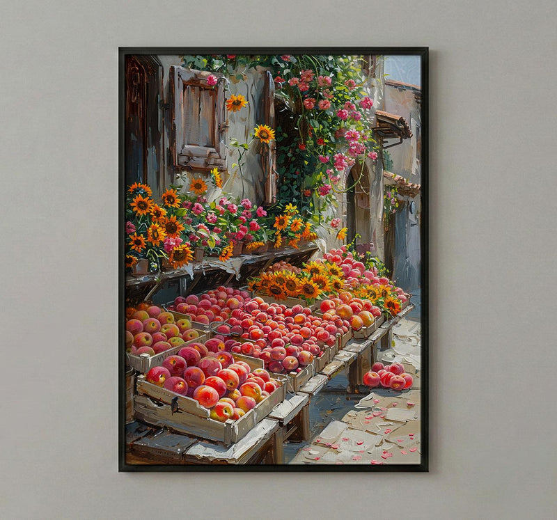 California Farmers Market Art Print, Fresh Summer Fruit Decor - Colorful Strawberry Sunflower Stand