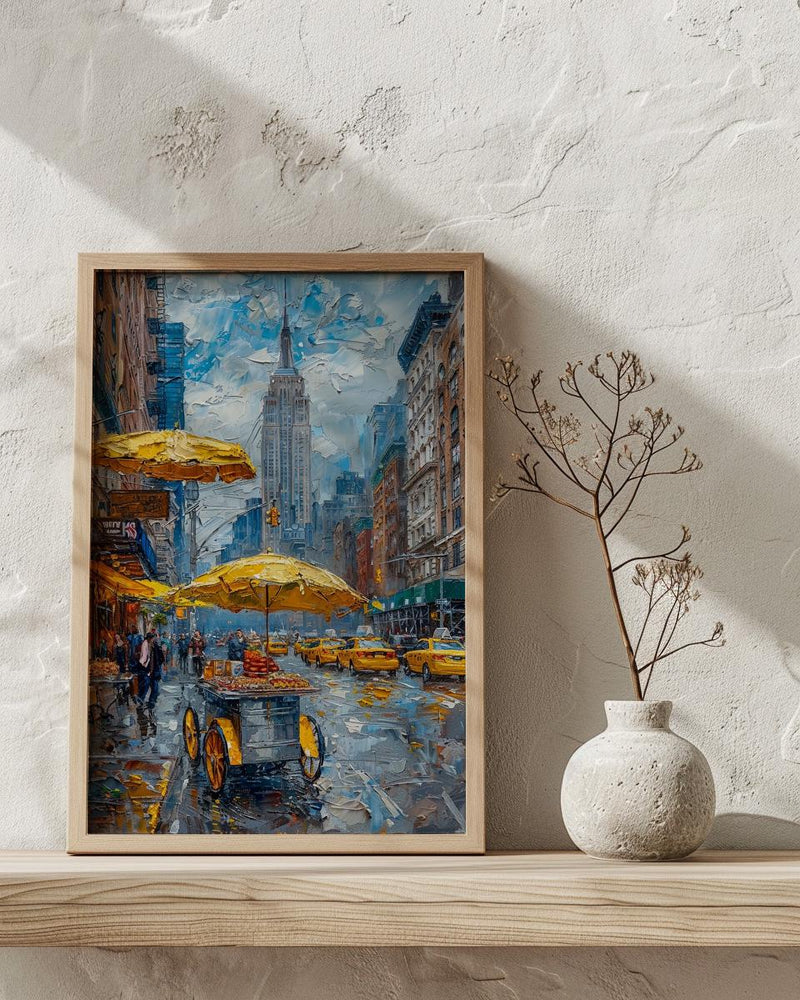 New York City Street Wall Art, Classic Food Cart Decor - Yellow Umbrella Summer Scene
