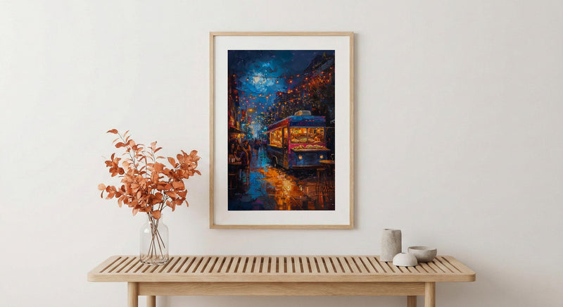 Austin Food Truck Festival Poster, Texas Night Market Decor - Glowing String Light Scene