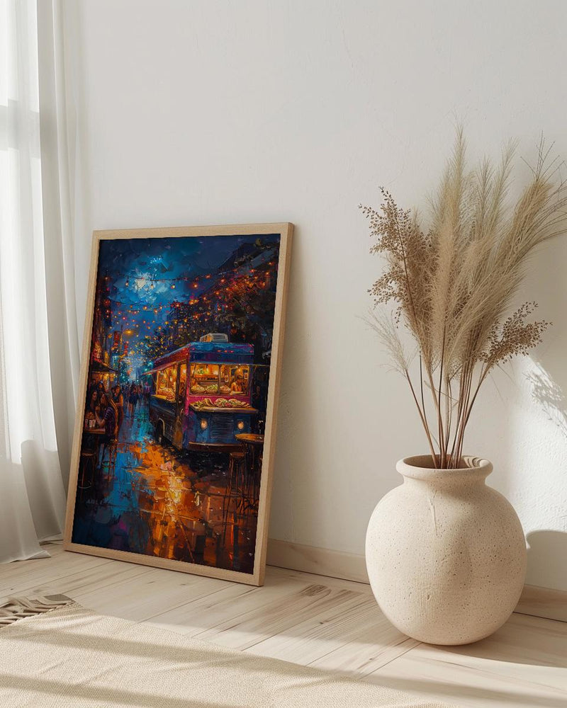 Austin Food Truck Festival Poster, Texas Night Market Decor - Glowing String Light Scene