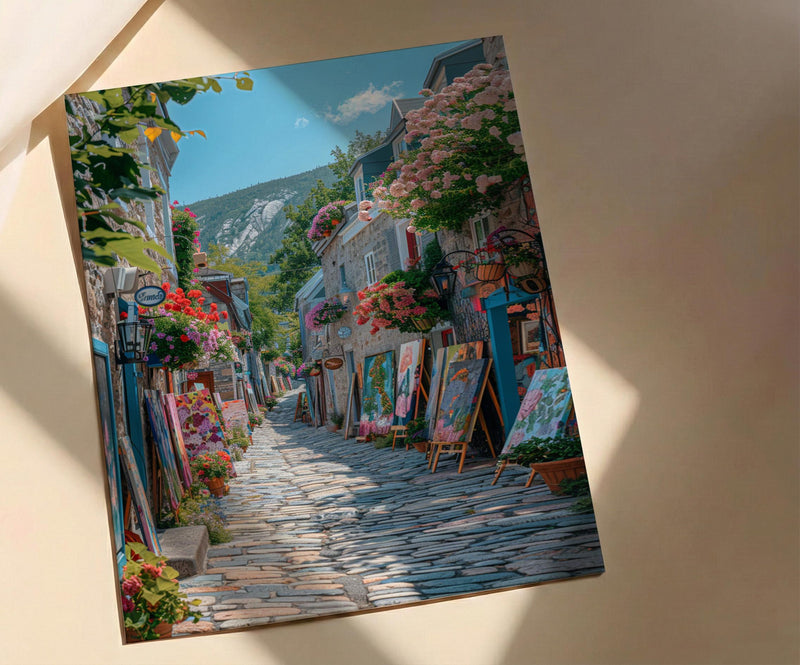 Quebec City Art Market Print, Historic Canadian Street Decor - Colorful Easel Summer View