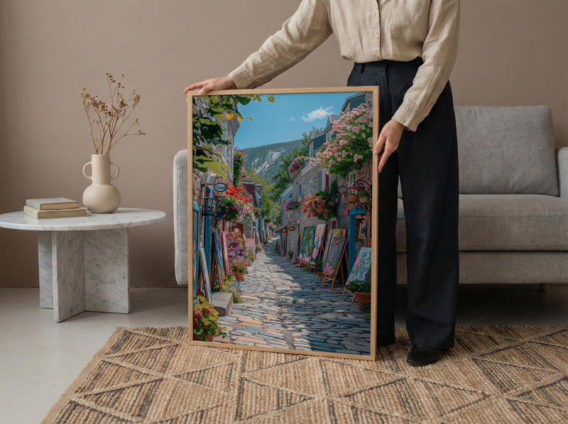 Quebec City Art Market Print, Historic Canadian Street Decor - Colorful Easel Summer View