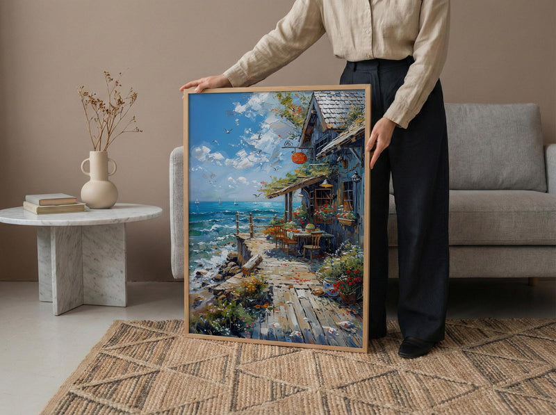 Maine Lobster Roll Art Print, Coastal Seafood Travel Decor - Rustic Wooden Shack Summer View