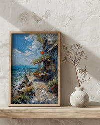 Maine Lobster Roll Art Print, Coastal Seafood Travel Decor - Rustic Wooden Shack Summer View