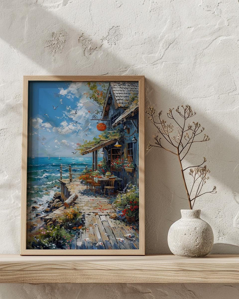 Maine Lobster Roll Art Print, Coastal Seafood Travel Decor - Rustic Wooden Shack Summer View