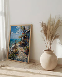 Maine Lobster Roll Art Print, Coastal Seafood Travel Decor - Rustic Wooden Shack Summer View