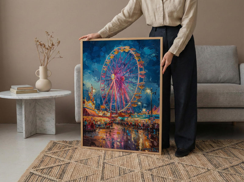 Texas State Fair Art Print, Summer Festival Event Decor - Glowing Ferris Wheel Night Scene