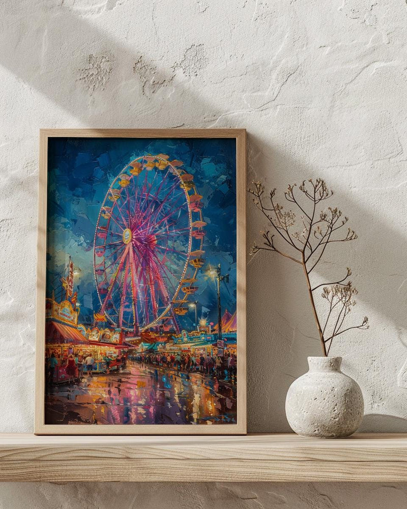 Texas State Fair Art Print, Summer Festival Event Decor - Glowing Ferris Wheel Night Scene