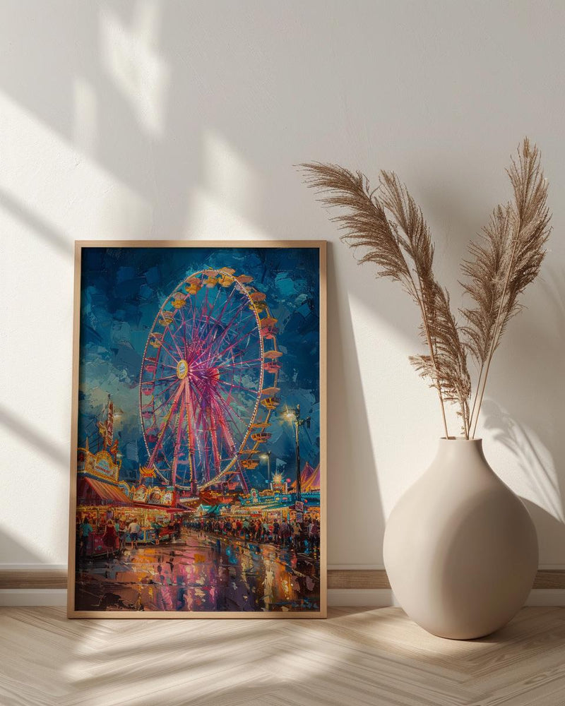 Texas State Fair Art Print, Summer Festival Event Decor - Glowing Ferris Wheel Night Scene