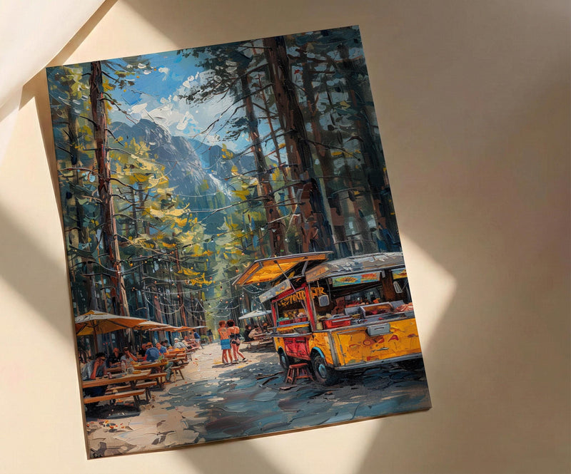 Portland Food Cart Wall Art, Oregon Street Food Decor - Lush Pine Tree Picnic Scene