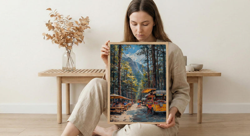 Portland Food Cart Wall Art, Oregon Street Food Decor - Lush Pine Tree Picnic Scene