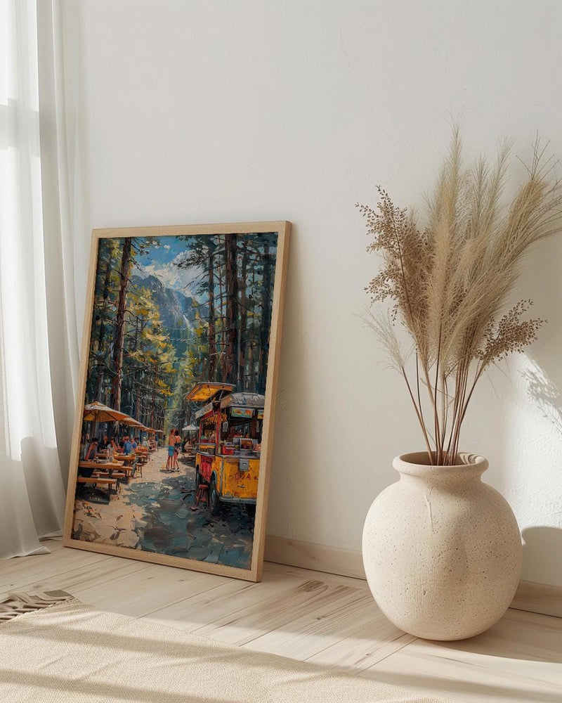 Portland Food Cart Wall Art, Oregon Street Food Decor - Lush Pine Tree Picnic Scene