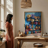 Mexican Artisan Market Poster, Colorful Cultural Travel Home Decor - Woven Blanket Sombrero Scene
