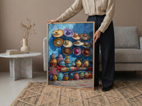 Mexican Artisan Market Poster, Colorful Cultural Travel Home Decor - Woven Blanket Sombrero Scene