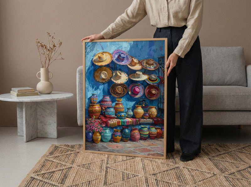 Mexican Artisan Market Poster, Colorful Cultural Travel Home Decor - Woven Blanket Sombrero Scene
