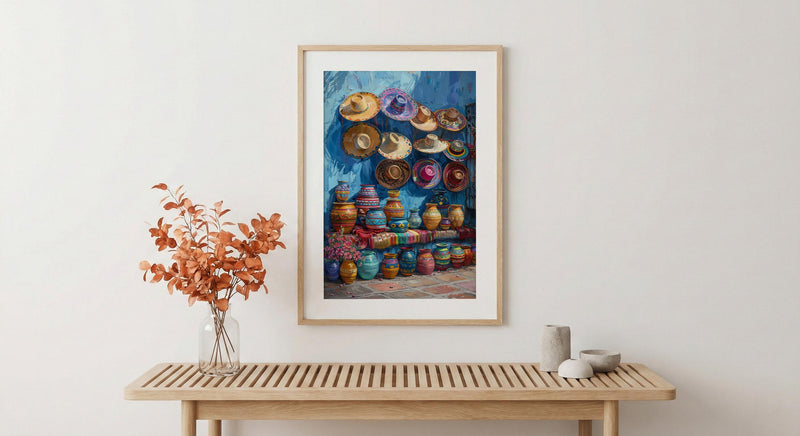Mexican Artisan Market Poster, Colorful Cultural Travel Home Decor - Woven Blanket Sombrero Scene