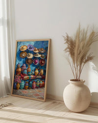 Mexican Artisan Market Poster, Colorful Cultural Travel Home Decor - Woven Blanket Sombrero Scene