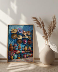 Mexican Artisan Market Poster, Colorful Cultural Travel Home Decor - Woven Blanket Sombrero Scene
