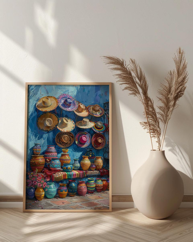 Mexican Artisan Market Poster, Colorful Cultural Travel Home Decor - Woven Blanket Sombrero Scene