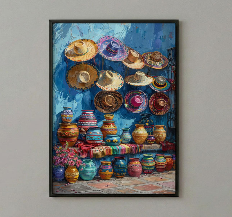 Mexican Artisan Market Poster, Colorful Cultural Travel Home Decor - Woven Blanket Sombrero Scene