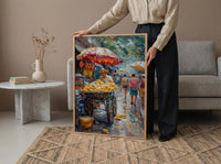 Mexican Street Corn Art Print, Colorful Summer Food Decor - Vibrant Elote Cart City View