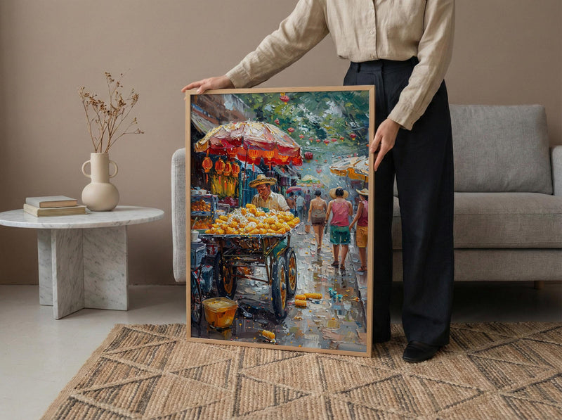Mexican Street Corn Art Print, Colorful Summer Food Decor - Vibrant Elote Cart City View