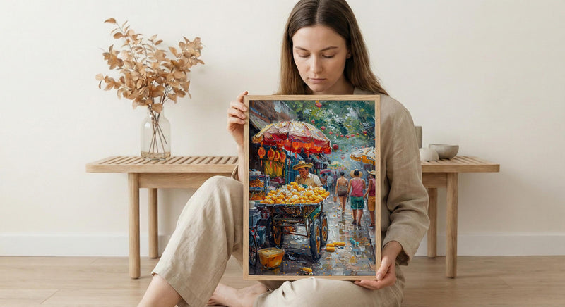 Mexican Street Corn Art Print, Colorful Summer Food Decor - Vibrant Elote Cart City View