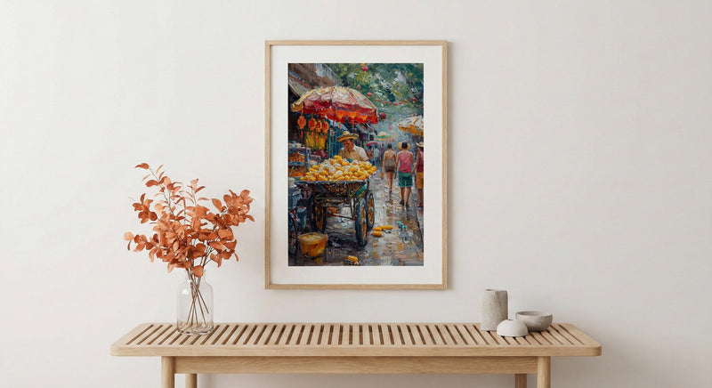 Mexican Street Corn Art Print, Colorful Summer Food Decor - Vibrant Elote Cart City View