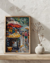 Mexican Street Corn Art Print, Colorful Summer Food Decor - Vibrant Elote Cart City View