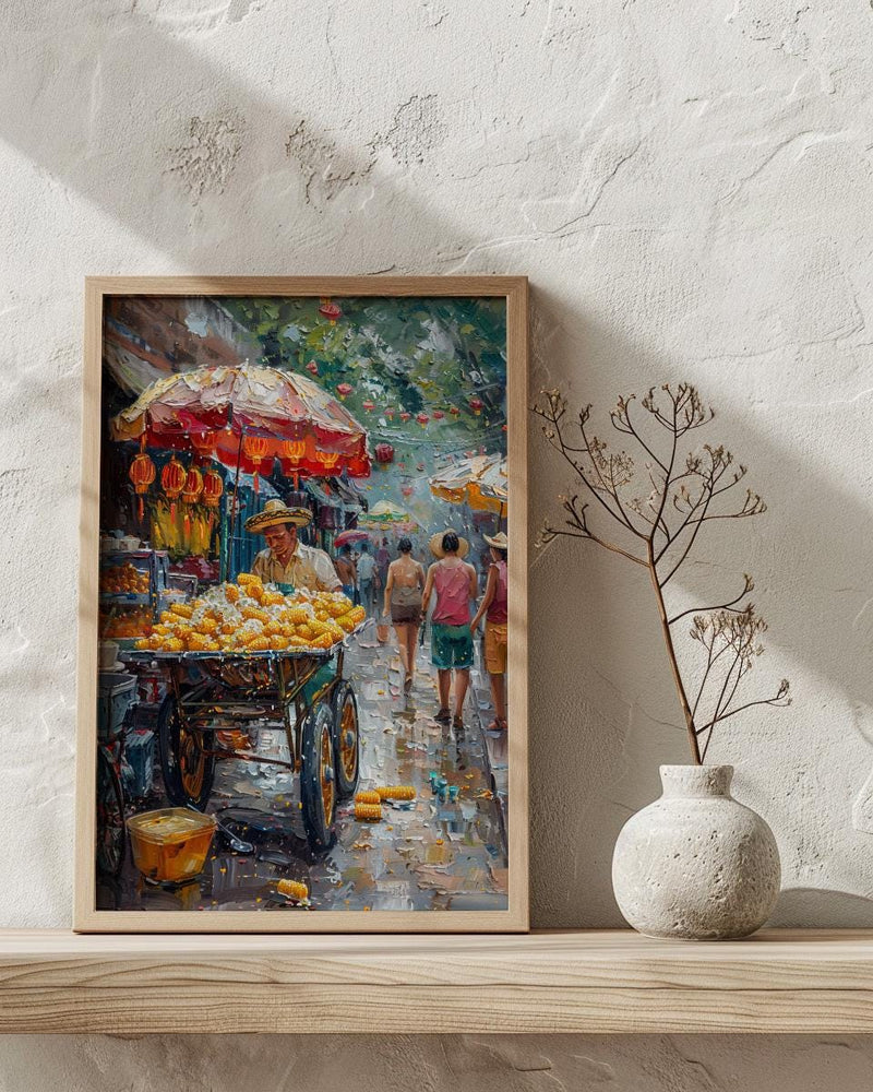 Mexican Street Corn Art Print, Colorful Summer Food Decor - Vibrant Elote Cart City View