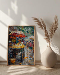 Mexican Street Corn Art Print, Colorful Summer Food Decor - Vibrant Elote Cart City View