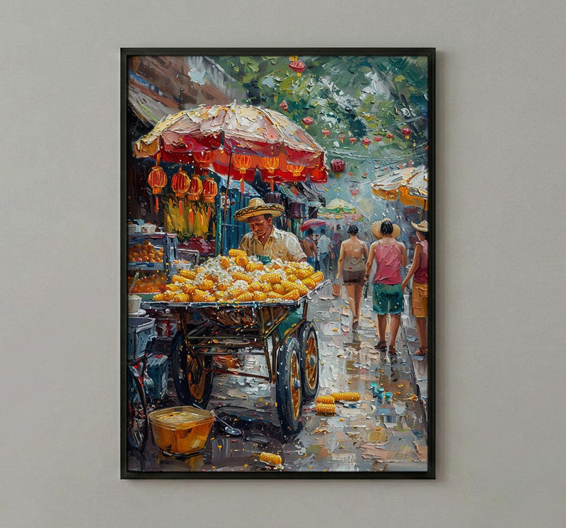Mexican Street Corn Art Print, Colorful Summer Food Decor - Vibrant Elote Cart City View