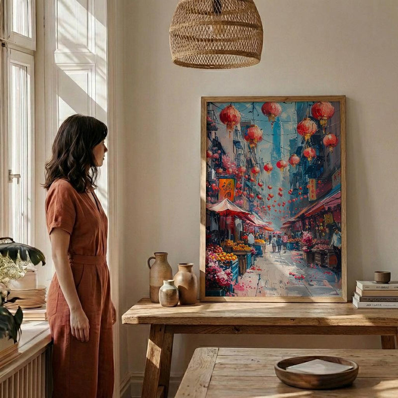San Francisco Chinatown Poster, California Street Travel City Decor - Red Lantern Summer Market View